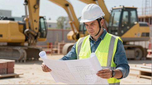 Engineer reviewing plans on a construction site