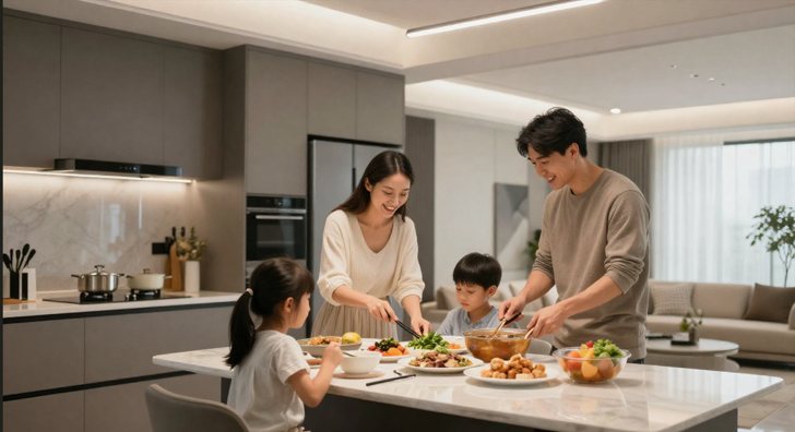 Family in a modern, comfortable living space